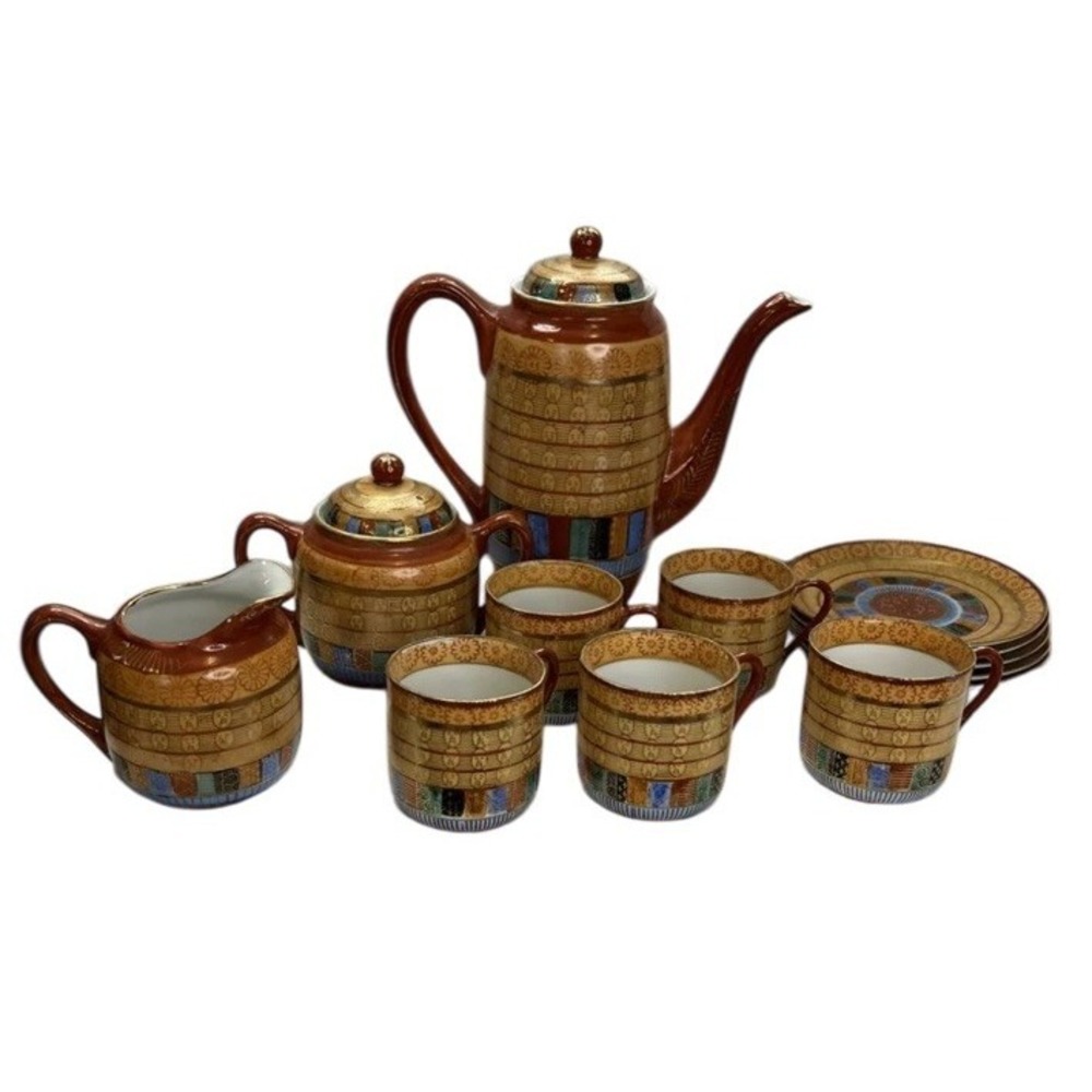 AA Importing‎ Co Tea Set Japan Thousand Faces Gold Porcelain 13pc Set Terracotta